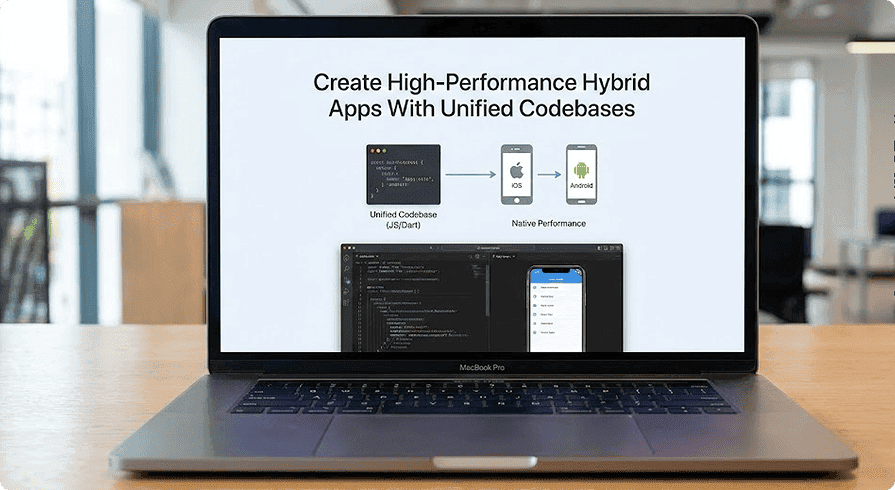 Illustration showcasing hybrid app development services for cross-platform mobile applications.