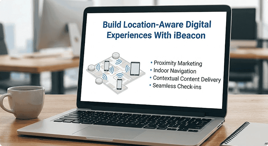 Illustration representing iBeacon app development services using Bluetooth Low Energy technology for proximity-based solutions.