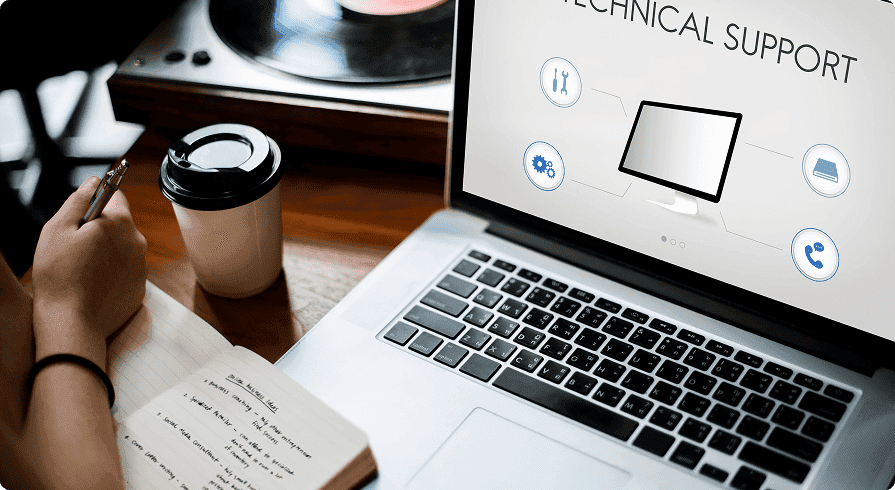 Illustration of a technical support team providing ongoing maintenance and IT support services for business applications.