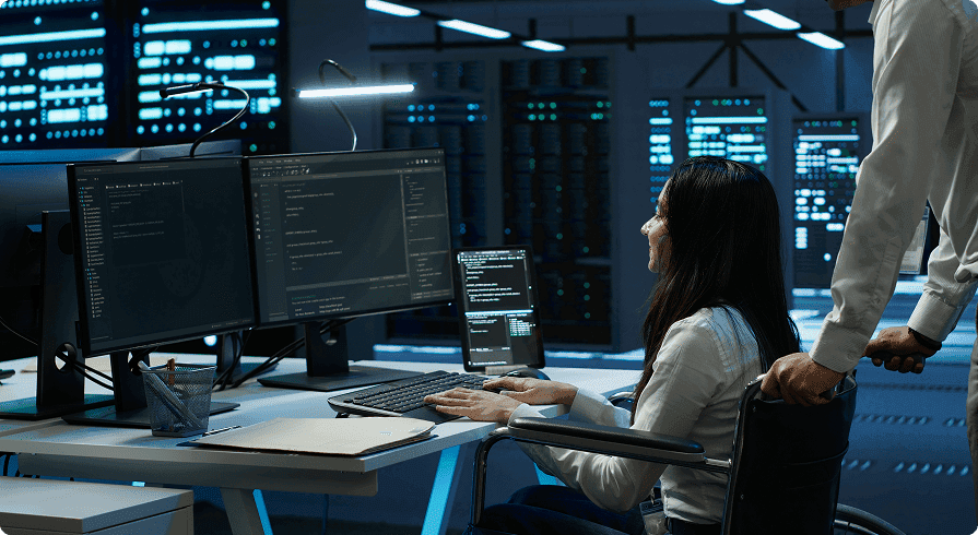 Illustration representing cybersecurity services with secure networks, data protection, and digital threat prevention.