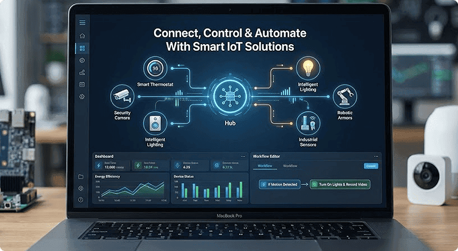 Illustration showcasing IoT app development services connecting smart devices, sensors, and cloud platforms.