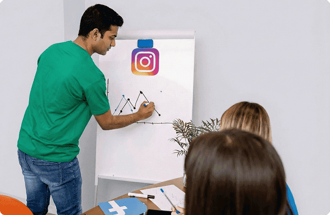 Social media marketing process illustration with analytics, engagement, and brand growth symbols